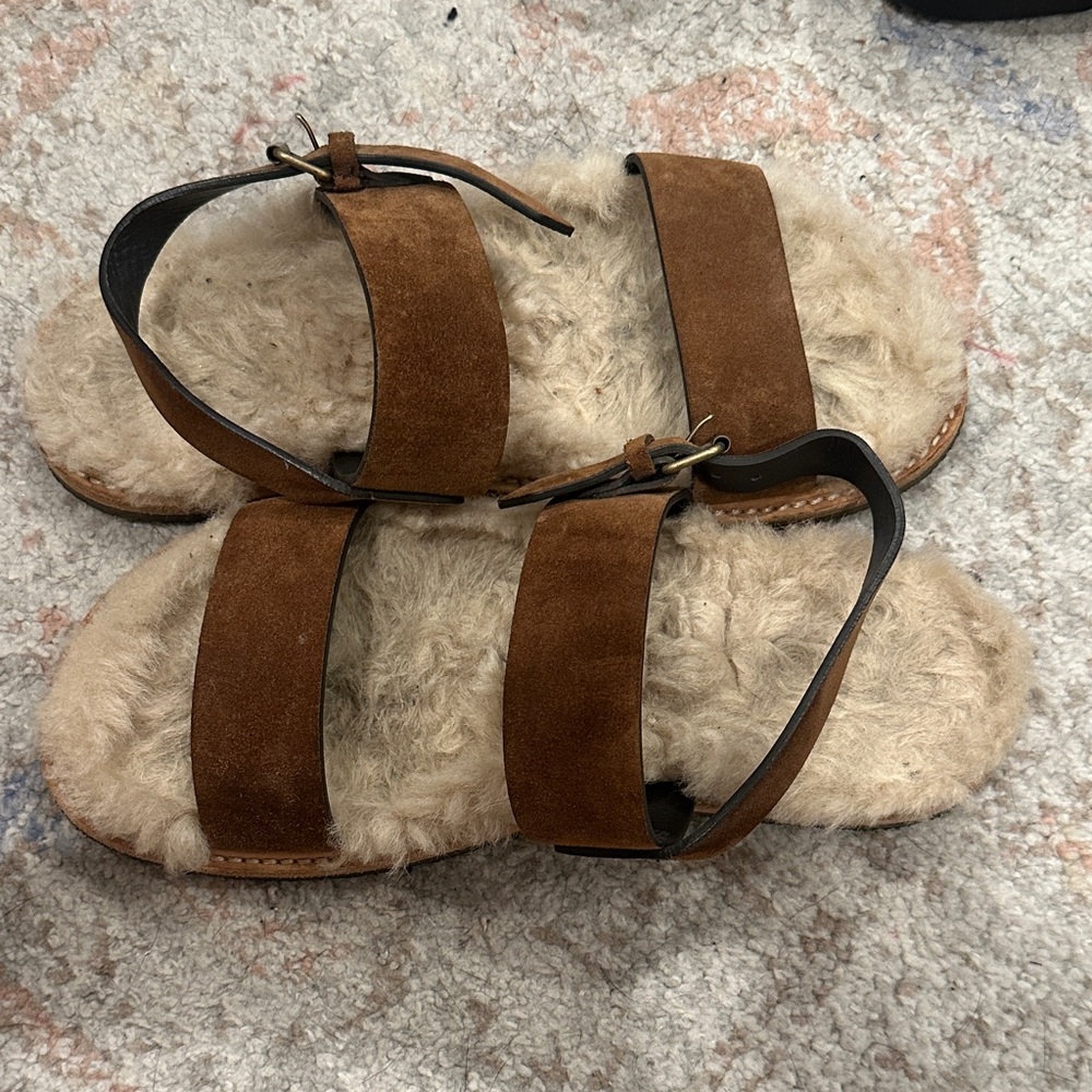 Saint Laurent Brown Suede Women's Sandals with Fur Lining